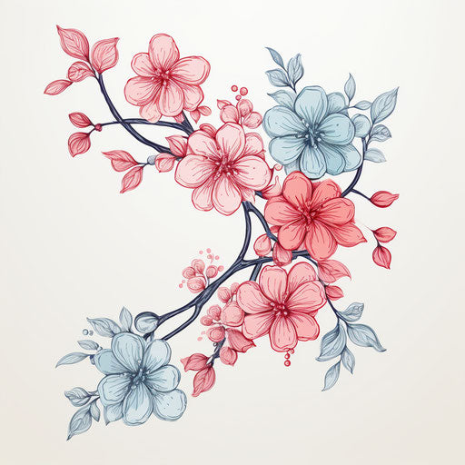Blue and pink flowers in cherry blossom style