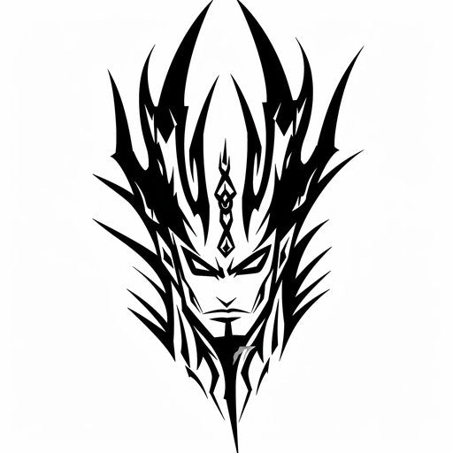 Tribal design of Hades, bold black lines on white background
