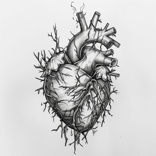 Flat tattoo sketch of a crying heart wrapped in thorny vines