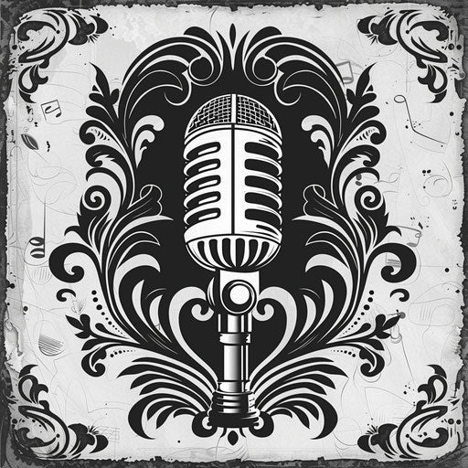 Audio logo in black and white with a classic vintage background