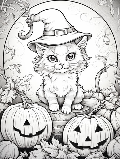 Adorable cat sitting in witch hat and pumpkins, Halloween coloring page