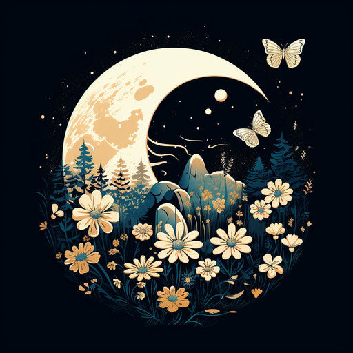 Flowers and butterflies on the moon in bold outline style