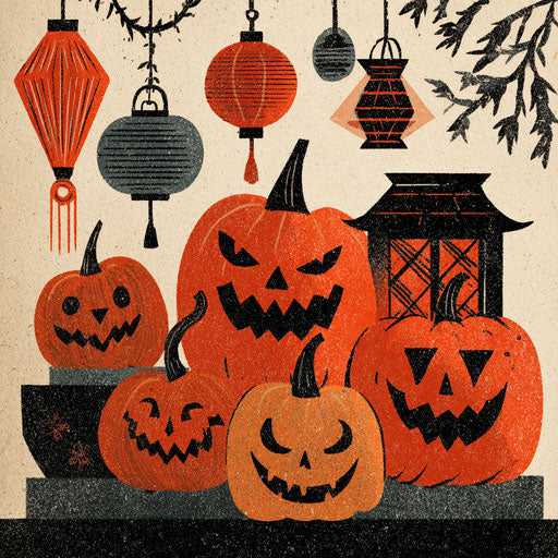 Vintage Halloween Illustration with Carved Jack-o'-Lanterns