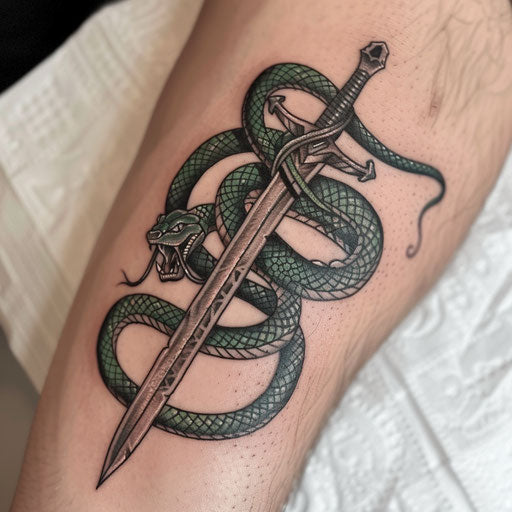 Coiled snake around a dagger, silver and green tones