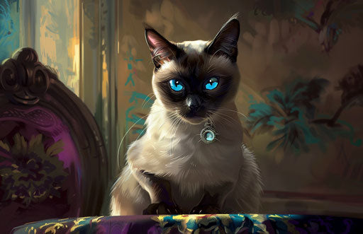 A siamese cat with blue eyes sitting on a table, dark white and light brown style