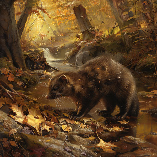 Wild mink playing among autumn leaves