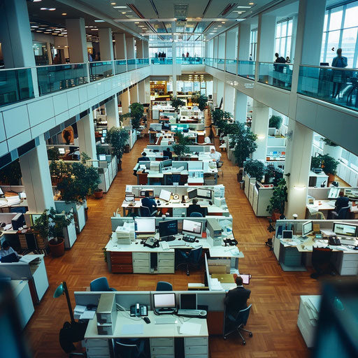 Vibrant office environment with busy sales floor, ringing phones, and closing deals