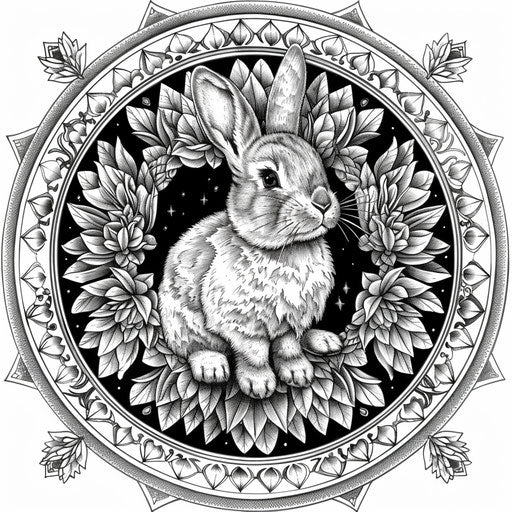 Detailed mandala with intricate bunny in the center