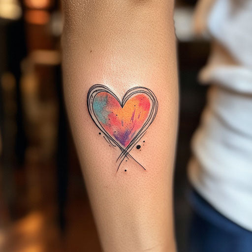 Daughter with an abstract watercolor heart tattoo on forearm