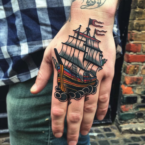 Tiny hand tattoos of a pirate ship