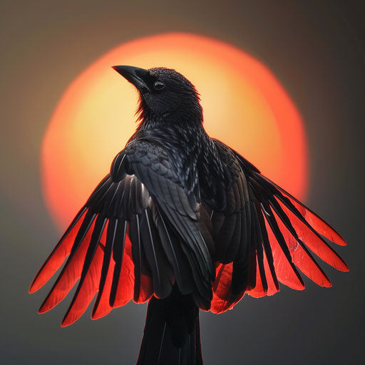 Black bird with red wings on a dramatic sunset