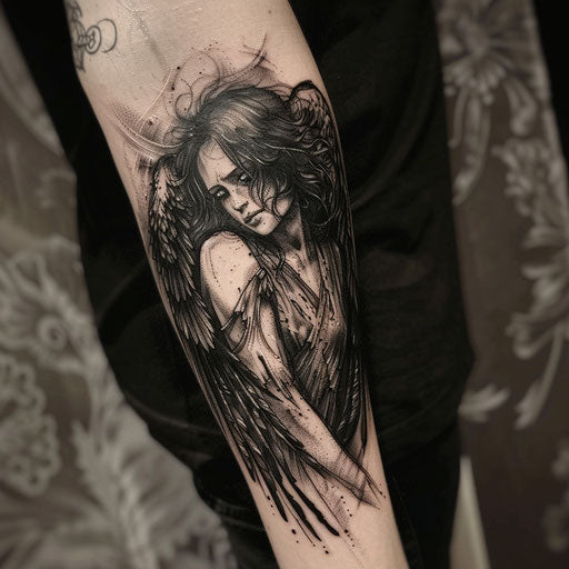 Forearm tattoo with dark angel, Gerald Brom style