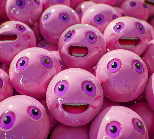 Pink plush toys with purple eyes and smiles, Pixar style