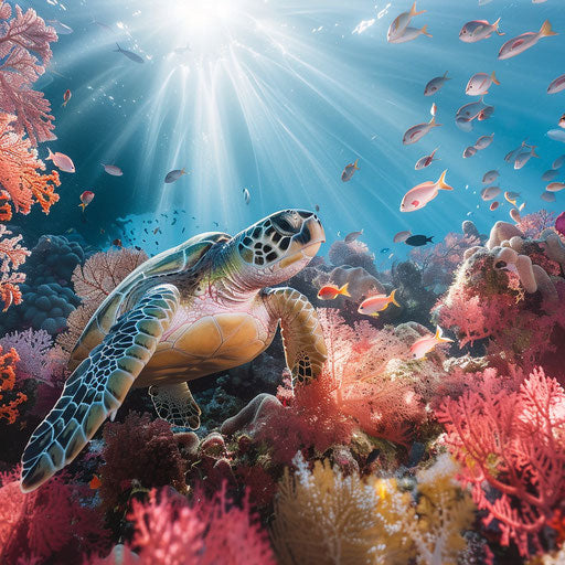 Green turtle on soft coral bed, lazy swimming fish