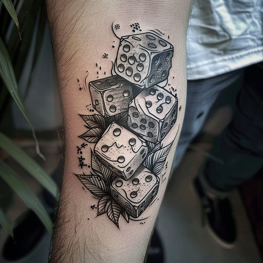Dice tattoo with mystical themes, in the style of David Palumbo