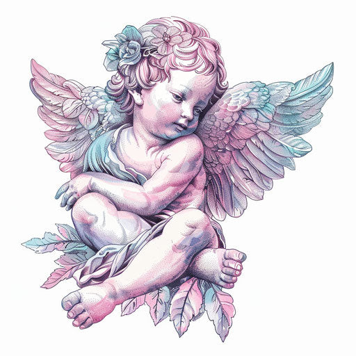 Cherub tattoo design in pastel on white background