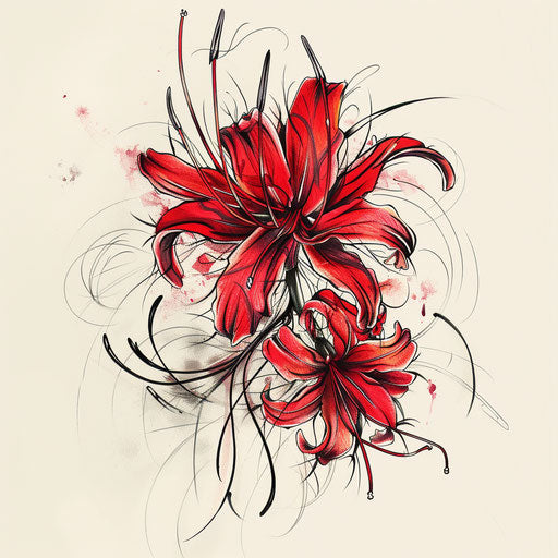 Surreal tattoo sketch of a red spider lily morphing into fantastical shapes, in bold colors