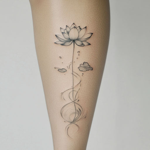 Shin tattoo with a delicate lotus flower and water ripples
