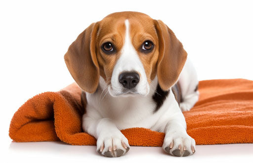 Beagle lying on back on towel, white background, emotional sensitivity