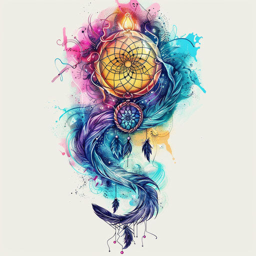 Surreal flat tattoo sketch of a spiral morphing into a dream catcher, pastel colors, clipart style