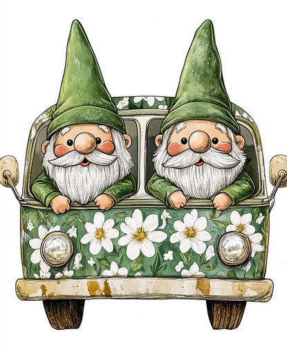 Two Happy Gnomes in a Flower-Printed Hippie Van