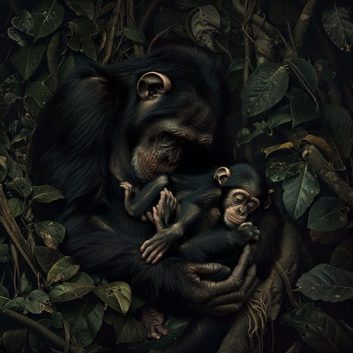 Chimpanzee mother and baby resting in a dense forest