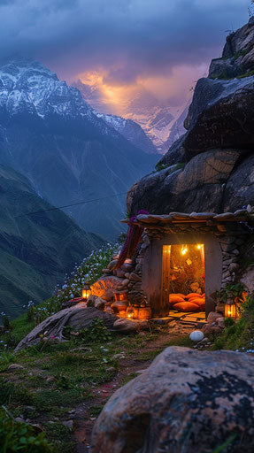 Inner lit retreat cave in the Himalayas overlooking the epic snow mountains