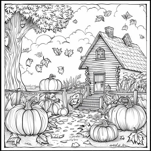 Cozy autumn scene with pumpkins and falling leaves for Halloween. Coloring book page