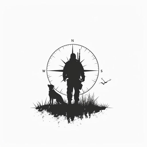 Hunter and dog at sunrise in a compass