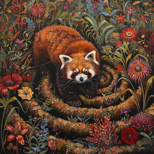 A red panda navigating through a maze garden filled with exotic flowers