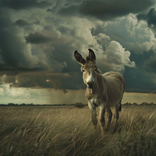 Donkey standing in a grassy field with storm clouds gathering