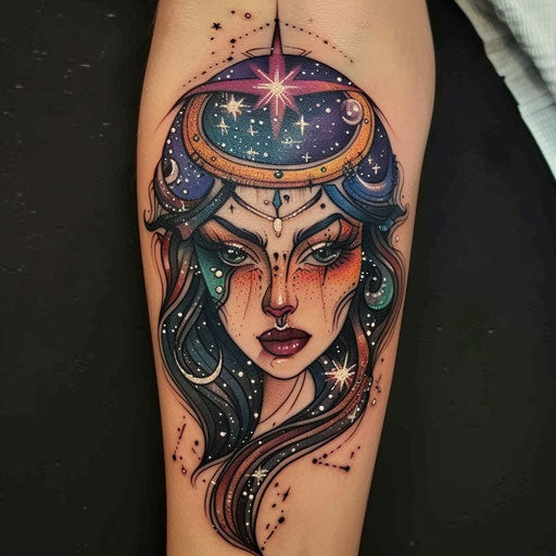 Flat tattoo sketch with space theme, dark cosmic colors, starry background