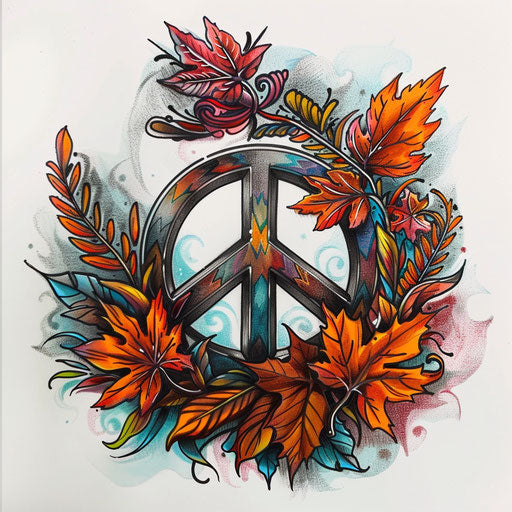 Seasonal peace tattoo sketch with a peace sign incorporating autumn leaves and warm, rich colors