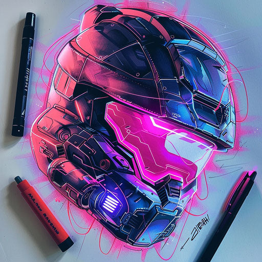 Sketch of retro-futuristic spartan helmet tattoo with neon lights and retro gadgets