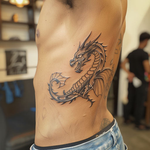 Tribal dragon rib tattoos, in Humberto Ramos style