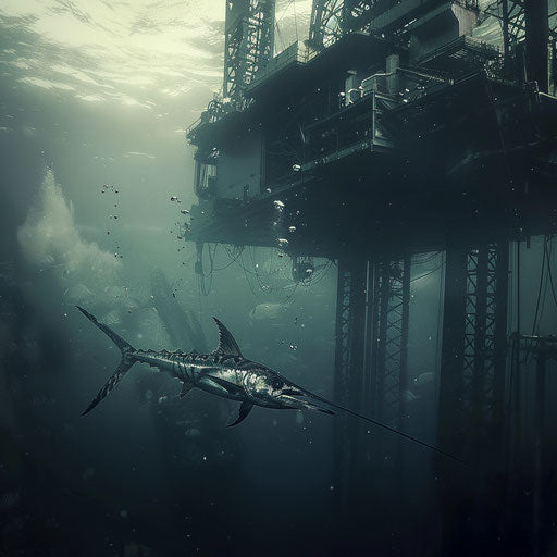 A swordfish swimming in the shadow of an oil rig