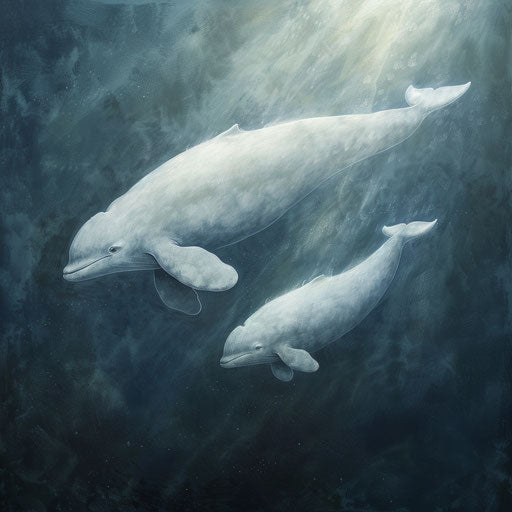 Beluga mother and calf swimming side by side