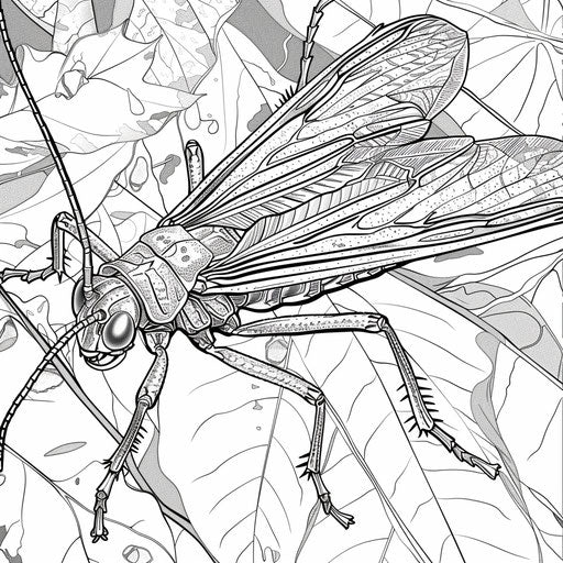 Leaf insect camouflaged on a leaf. Coloring book page