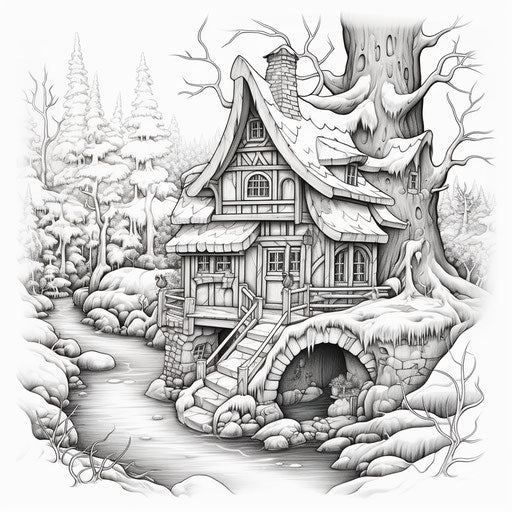 Winter scene coloring page with a cottage