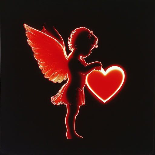 Red silhouette of Cupid backlit with a heart