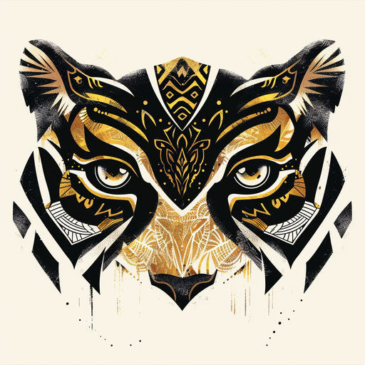 Avant-garde tattoo sketch of tiger eyes in flat style, with abstract patterns in gold