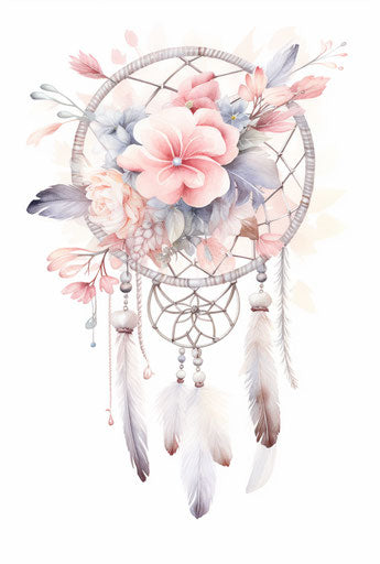 Dream catcher flowers arrows fabric silver pink borders