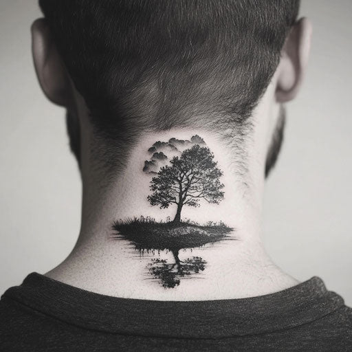 Tiny neck tattoos in the style of David Palumbo with a tranquil landscape silhouette