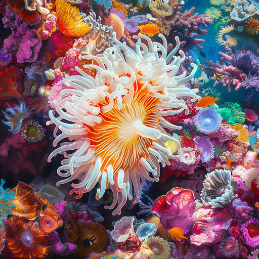 Sea anemone among colorful coral formations