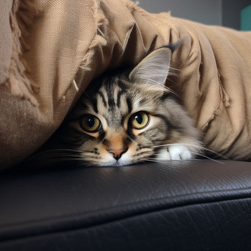 A Siberian cat peeking over the arm of a couch