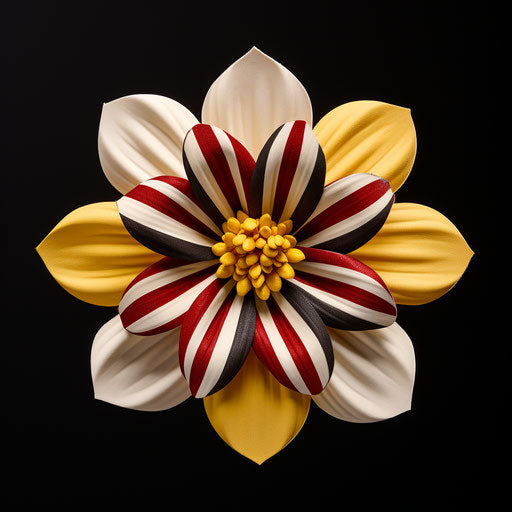 Yellow and red striped flower in dark white and dark maroon