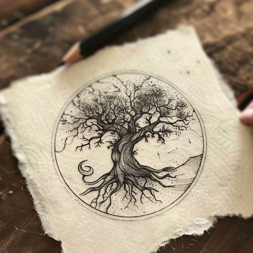Flat tattoo sketch of an enigmatic tree with roots forming mysterious symbols