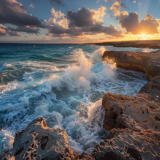 Nissi Beach, Cyprus with rugged cliffs and crashing waves