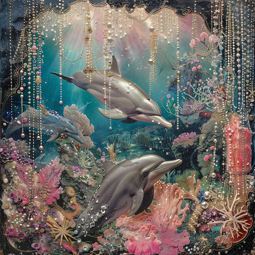 Joyful underwater parade of dolphins adorned with coral and pearls