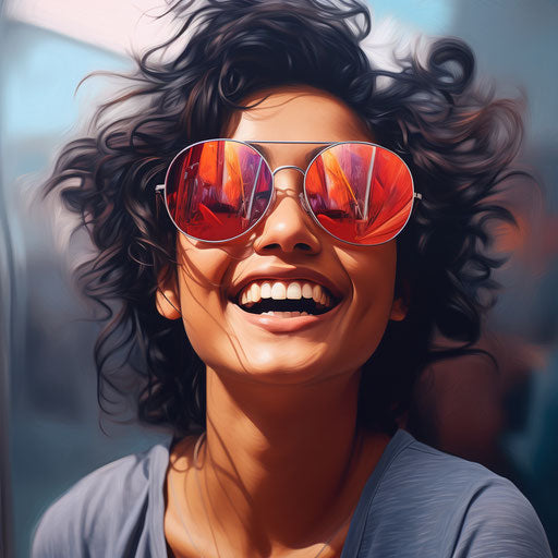 Smiley portrait with sunglasses in photo-realistic hyperbolic style